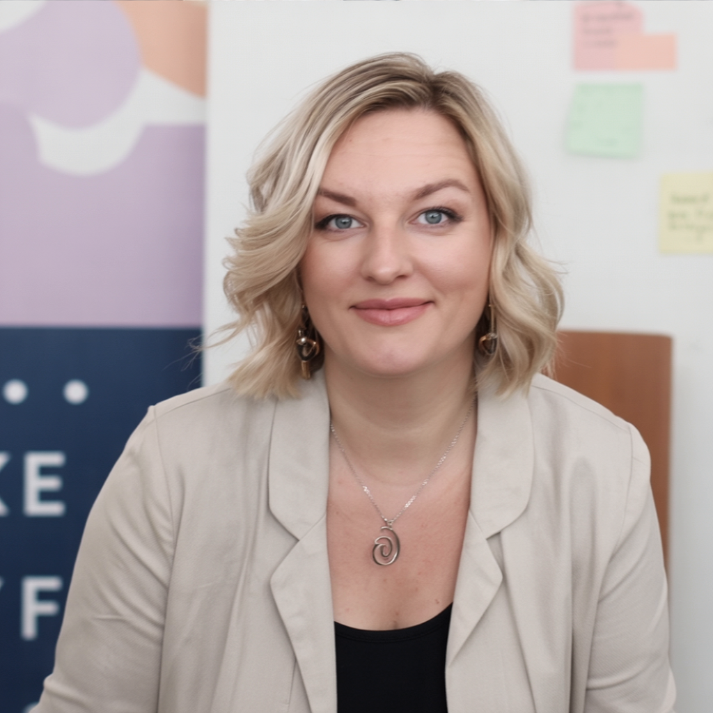 Porträt einer Frau in heller Kleidung mit offenem, ruhigem Ausdruck. Das Bild vermittelt Vertrauen, Klarheit und Professionalität in einem modernen Workshop-Umfeld.