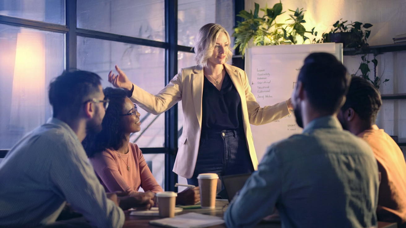 Eine Frau steht vor einem Team und spricht mit offenen Gesten. Das warme Licht fällt durch große Fenster und schafft eine Atmosphäre von Vertrauen, Inspiration und gemeinsamer Entwicklung.