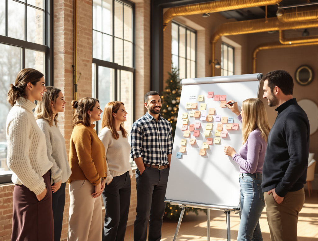 Ein Team steht gemeinsam am Flipchart im hellen Loft, lacht und reflektiert die Zusammenarbeit. Warmes Winterlicht fällt durch die großen Fenster und schafft eine offene, vertrauensvolle Stimmung.